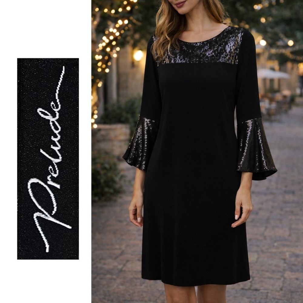 Prelude, Black Sequin Tiered Bell Sleeve Shift Dress Size Large Round Neck‎ LBD